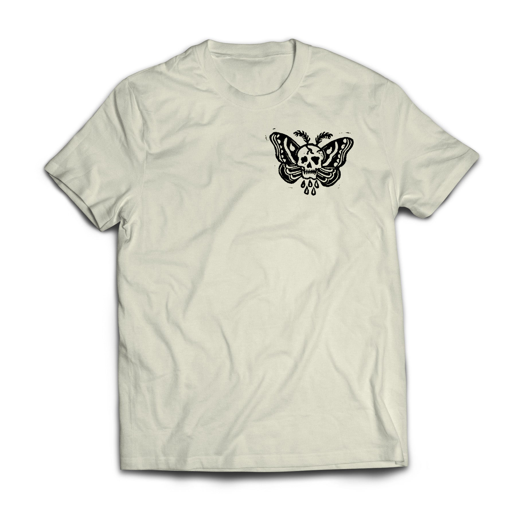 Vintage white t-shirt with a black butterfly tattoo linocut design on a white background.